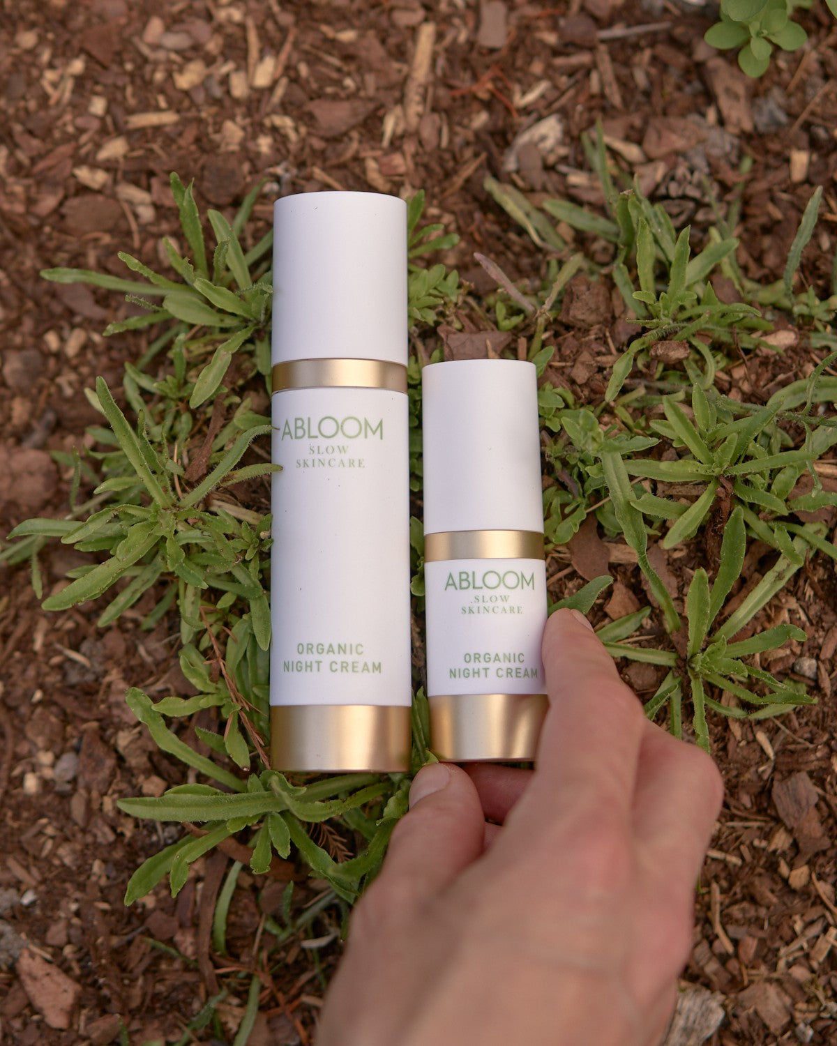 A hand holding two bottles of Abloom Organic Night Cream above green leaves and bark